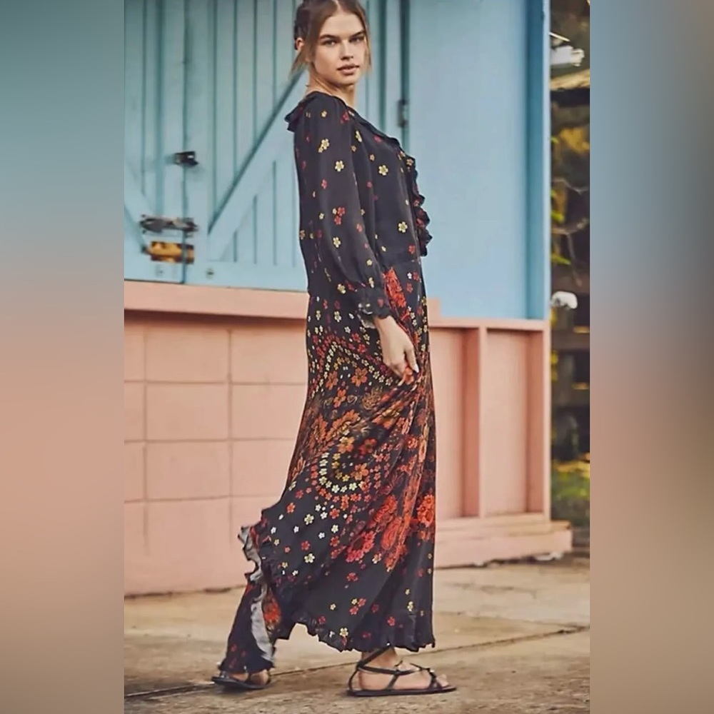 Free People Black Floral Maxi Dress with Red & Orange Accents